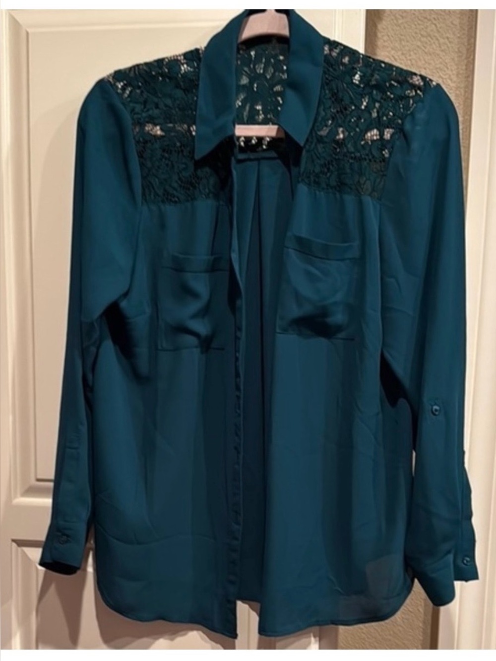 Roz & Ali Deep Teal Green Lace-Yoke Button-Up Blouse sz L